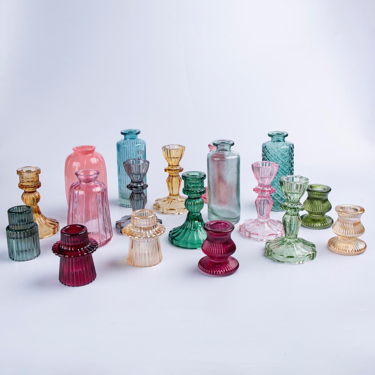 Colored Glass Candle Holders with Candles - Set of 18 pcs