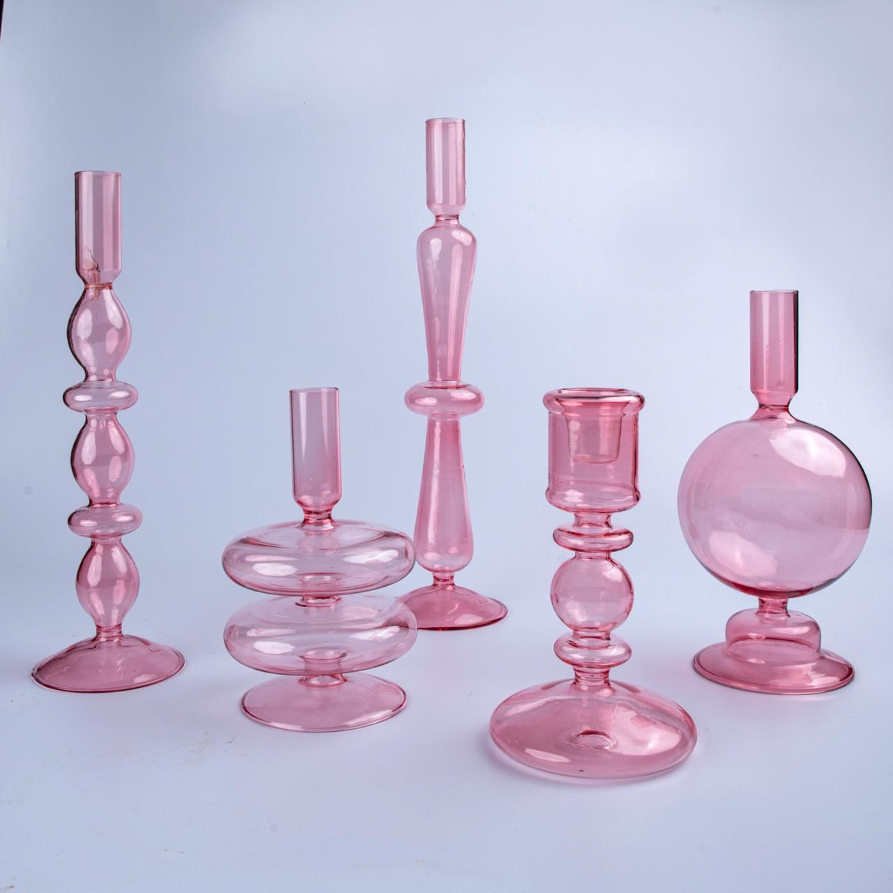 Colored Glass Candle Holders - Pink - Set of 5 pcs