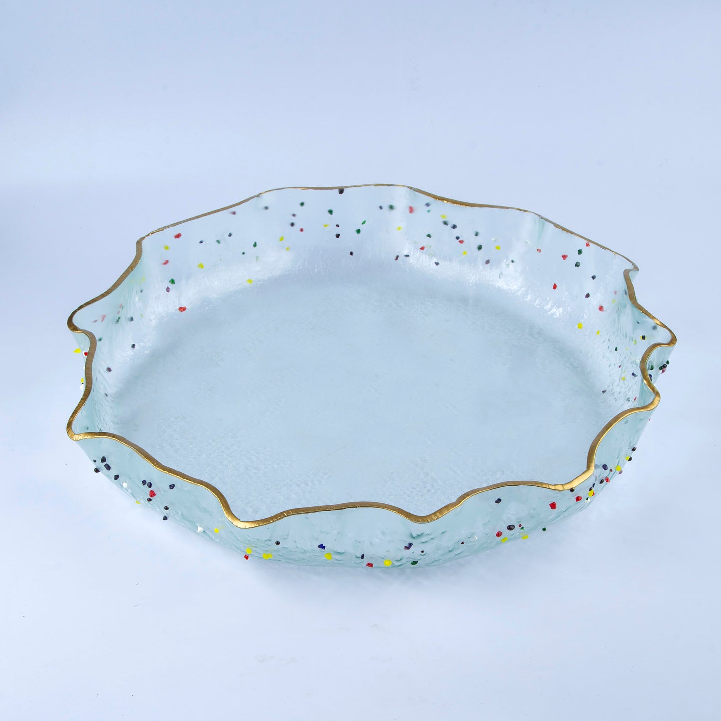 Glass Round platter-Clear with dots & Rim Gold- D 43cm