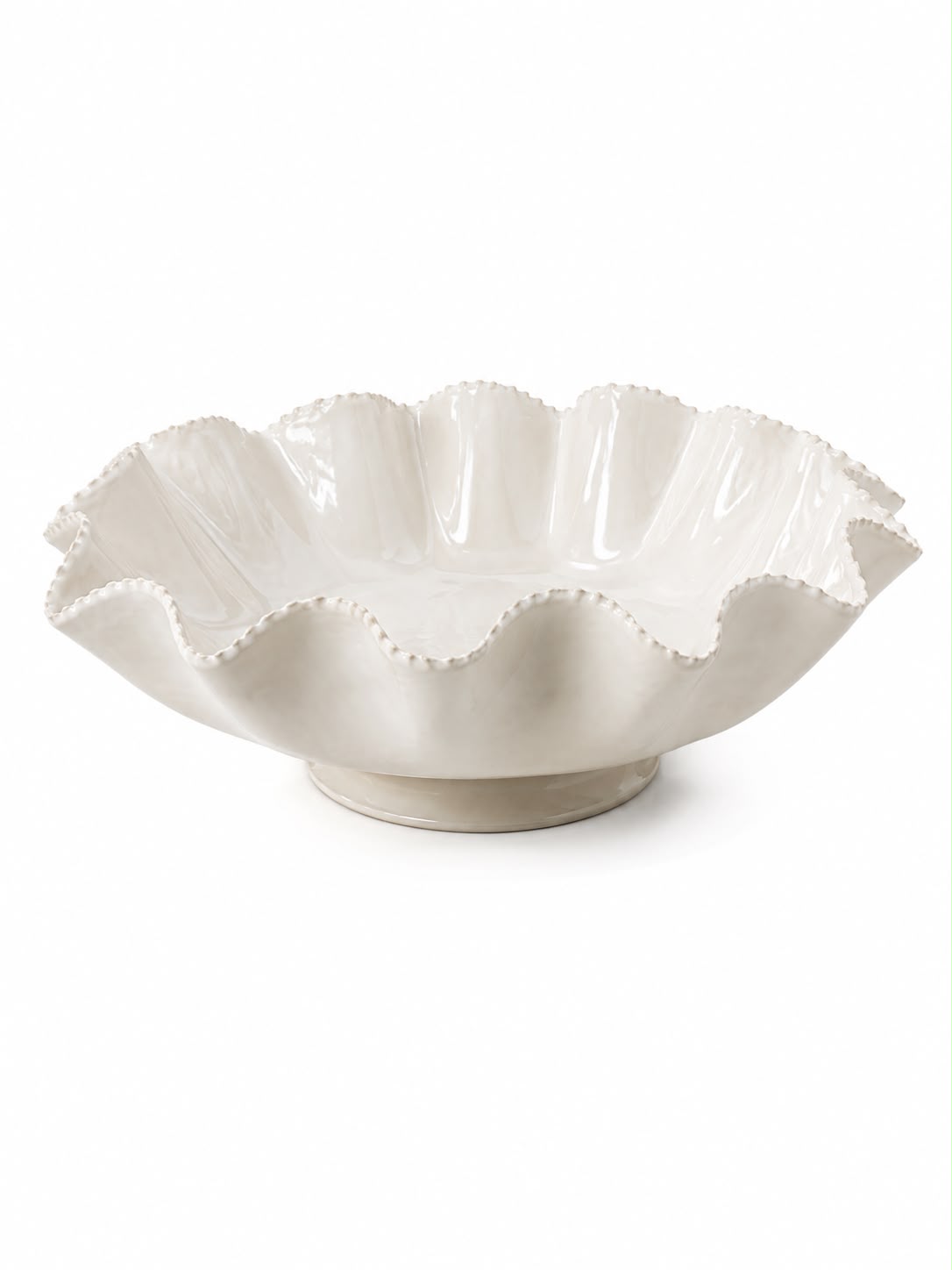 RUFFLE BOWL ON PEDESTAL - OFF WHITE- D 43CM H 15CM