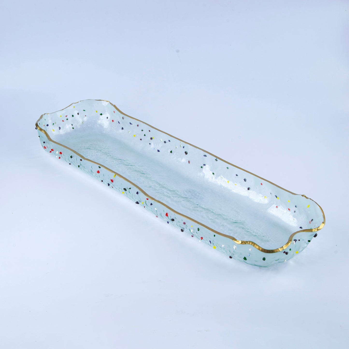 Rectangular Glass Platter- Clear with dots& Rim Gold- 60x18cm