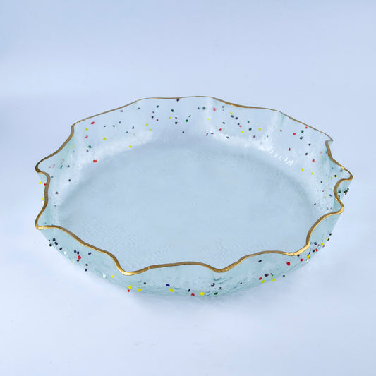 Glass Round platter-Clear with dots & Rim Gold- D 43cm