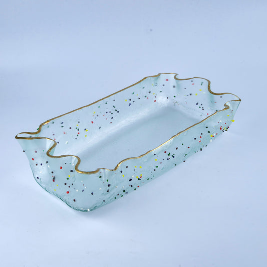 Rectangular Glass Platter- Clear with dots & Rim Gold - 50x25cm