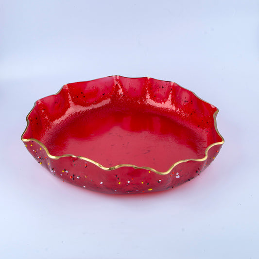 Glass Round Platter- Red with dots-D 43cm