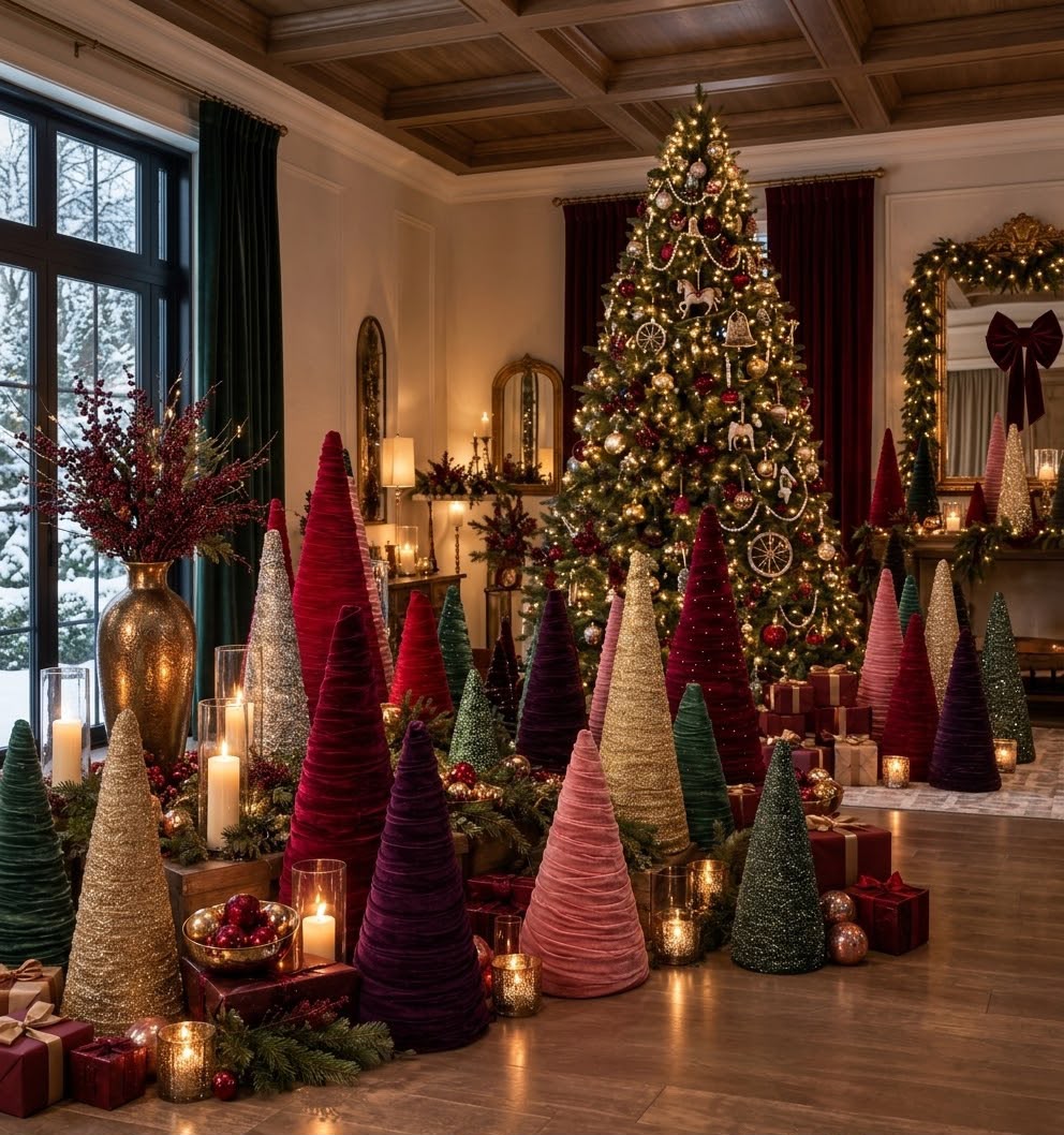Velvet & Satin Handcrafted Christmas Trees - Set of 3