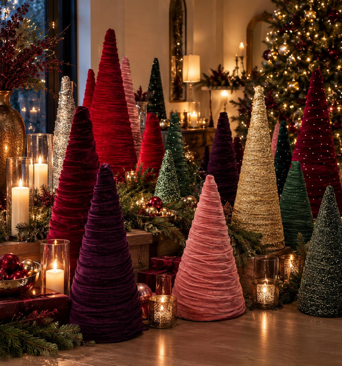 Velvet & Satin Handcrafted Christmas Trees - H 55 & 35cm