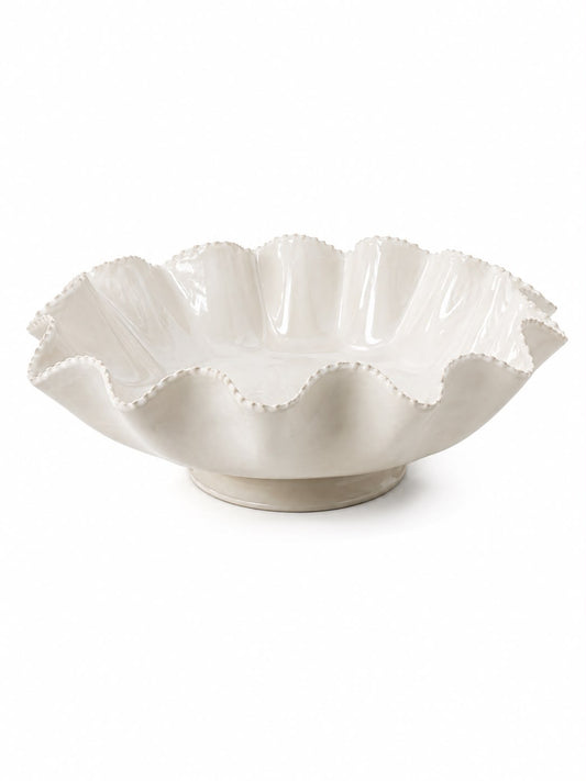 RUFFLE BOWL ON PEDESTAL - OFF WHITE- D 43CM H 15CM